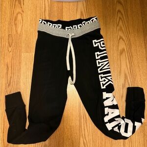Victoria's Secret Black Jogger Sweatpants with Gray Waistband and White Logo
